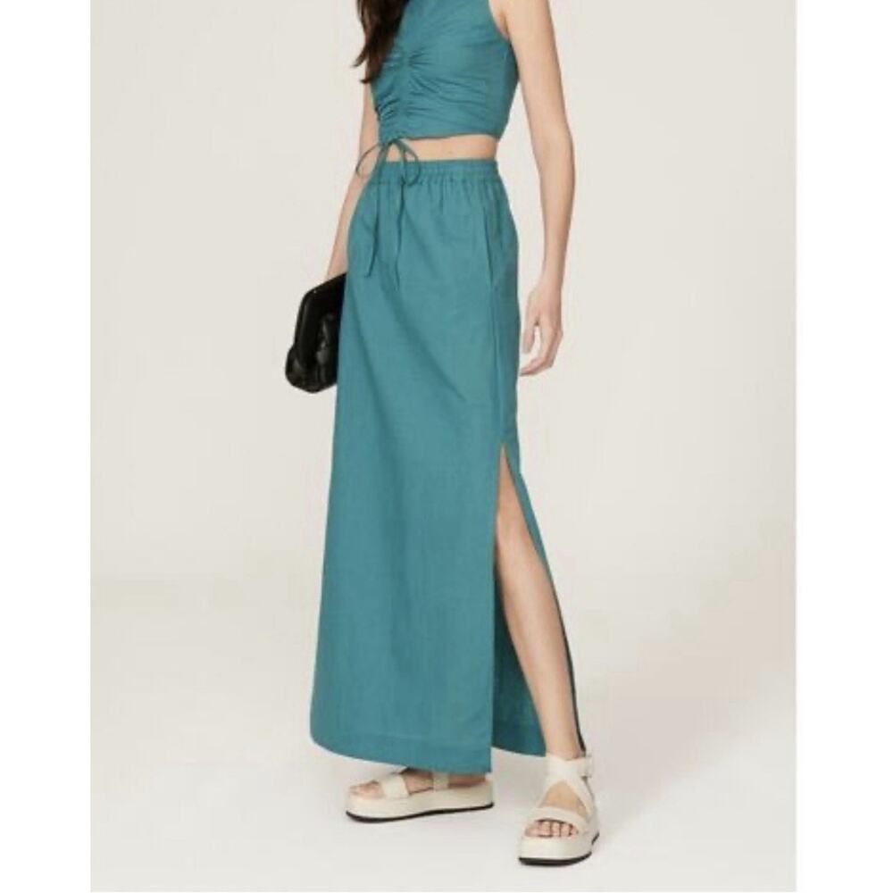 Something Navy Womens Cotton Linen Maxi Skirt Blue Size Large Side Slit Pull On